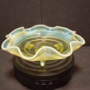 Fenton uranium Glass  opalescent footed glass dish. 7.5 inches